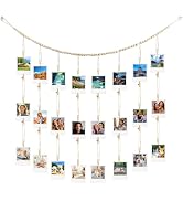 Hanging Photo Display with 28 Clips Wall Decor Boho Wooden Beads Garland Picture Banner Collage P...