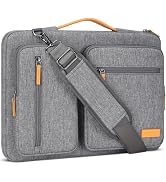 Grey heathered laptop bag with orange accents, featuring multiple compartments, shoulder strap, and carrying handle.