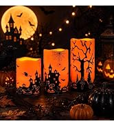 Homemory Orange Halloween LED Candles, Waterproof, Remote Timer, Set of 3 | Flameless Pillar Cand...