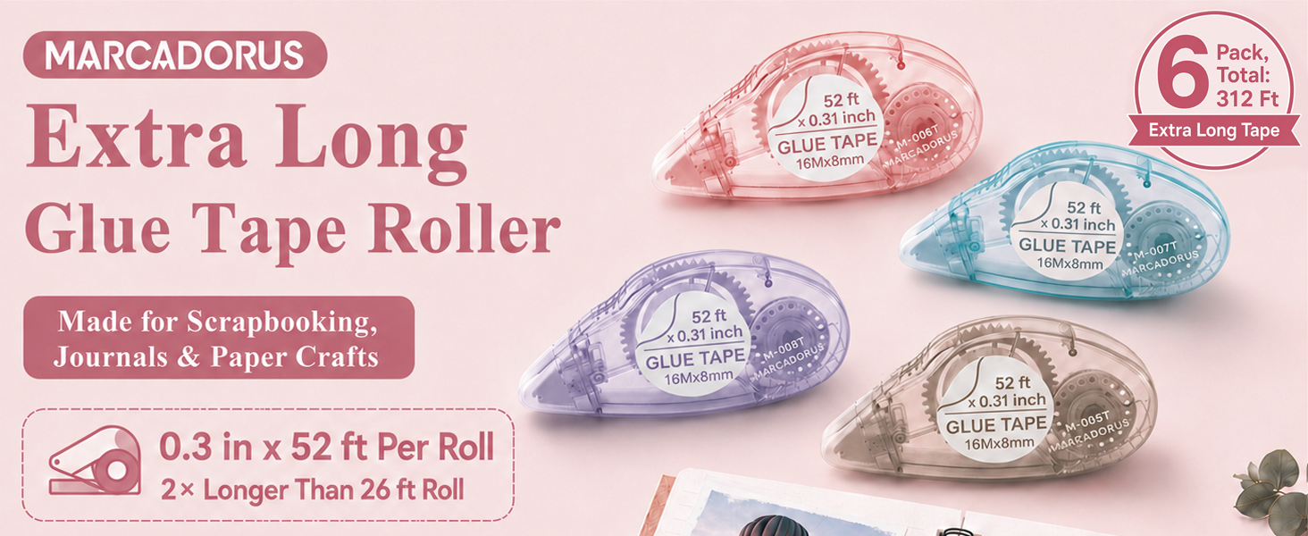 52 ft double sided tape rollers for scrapbooking, journals, cards, albums and paper crafts