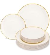 Lullaby 100PCS Ivory Plastic Plates, Disposable Ivory Plastic Plate with Gold Rim, 50PCS Dessert ...