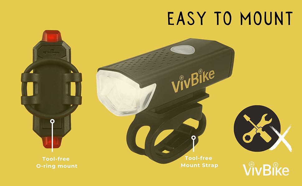 easy mount bike light, tool free bicycle light, quick install bike headlights, simple o ring mount