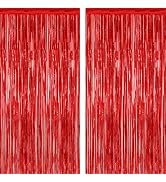2 Pack Red Tinsel Backdrop, 3.28 FT x 7.05 FT Fringe Curtains, Red Foil Tinsel Party Streamer Bac...