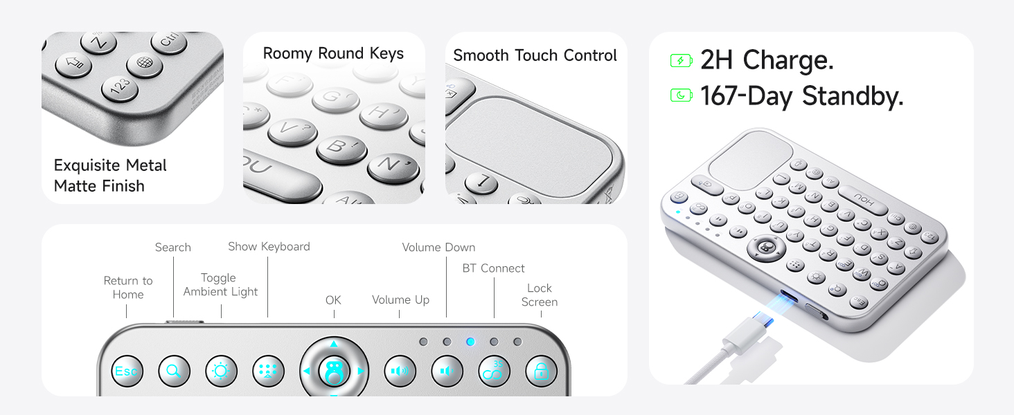 Mini keyboard feature introduction with keys, touchpad and battery data