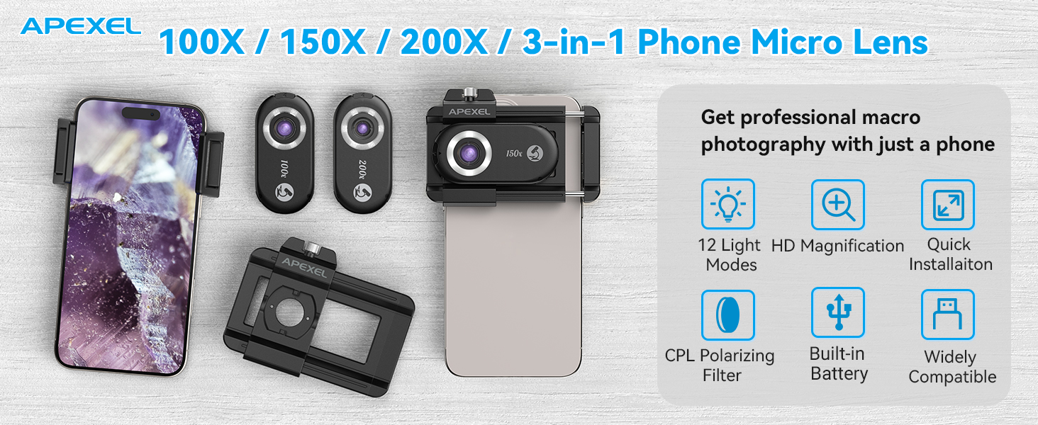 APEXEL 100X/150X/200X/3-IN-1 Phone Microscope Lens