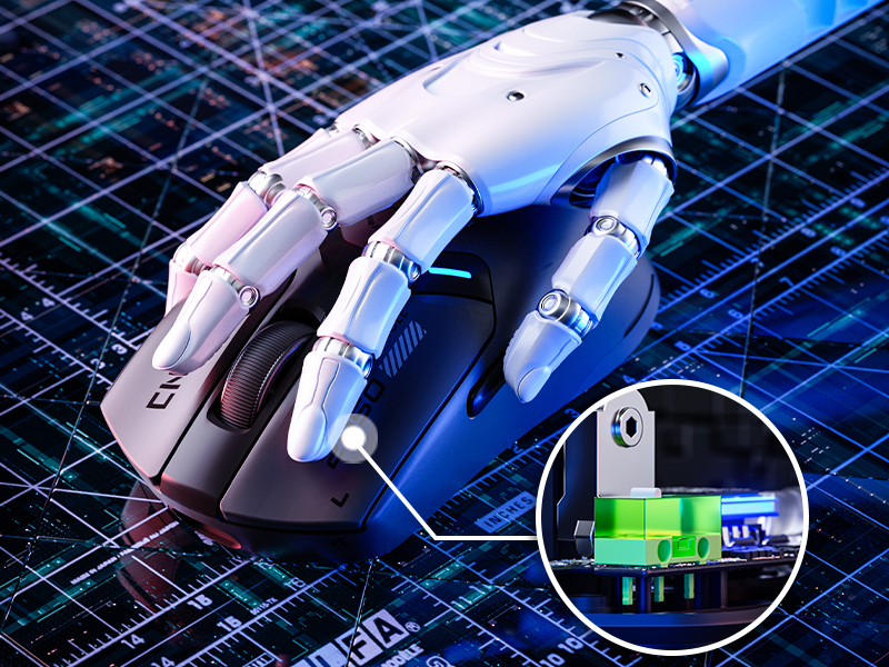 Robotic hand with articulated fingers on a blue grid background. Inset shows green circuit board detail.