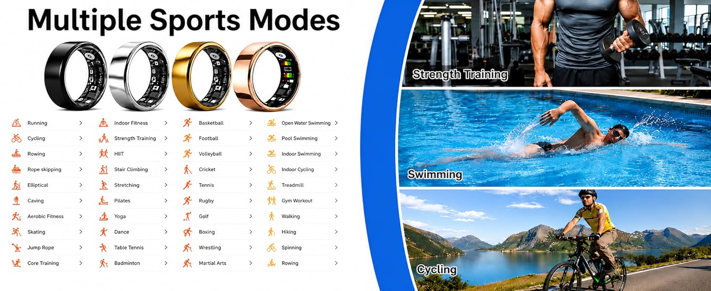 Fitness tracker smart ring with 139+ sports modes for running, cycling, swimming, yoga