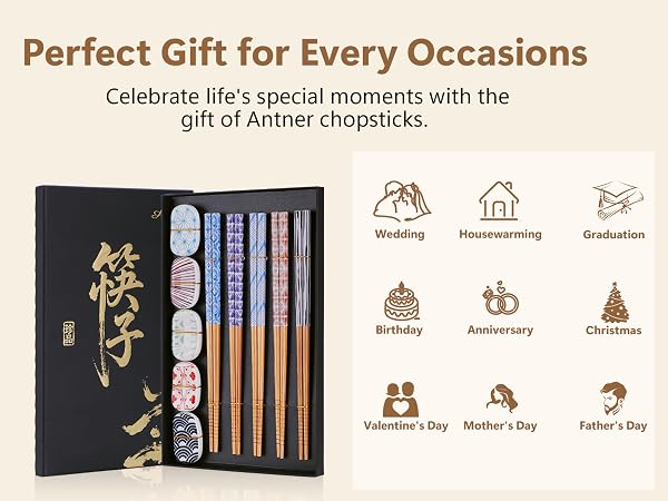Reusable Bamboo Chopsticks and 5PCS Ceramic Rests Set