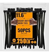 Ultra Heavy Duty 250Pounds Tensile Strength11.6 Inchx0.48 Inch 50 pcs, Black Zip Ties for indoor ...