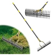 Thatch Rake,55 Inch Garden Thatching Rake for Grass Removal, 15 Inch Wide Heavy Duty 19 Teeth Ste...