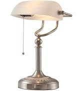 Newrays White Matted Glass Bankers Desk Lamp with Pull Chain Switch Plug in Fixture,Sand Nickel Base