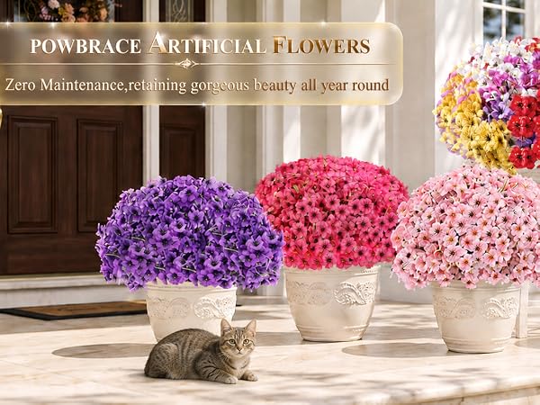 These outdoor artificial flowers are brightly colored and have very realistic shapes.