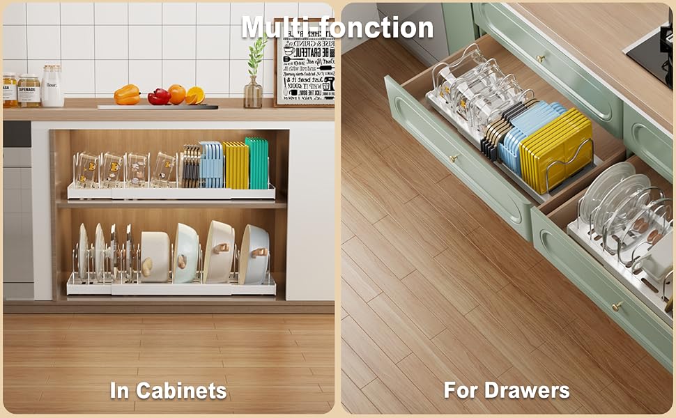 multifunctional lid organizers inside cabinet