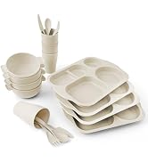 SHECIPIN 24-Piece Unbreakable Wheat Straw Dinnerware Set with Bowls, Cups, Cutlery (Spoons, Knive...