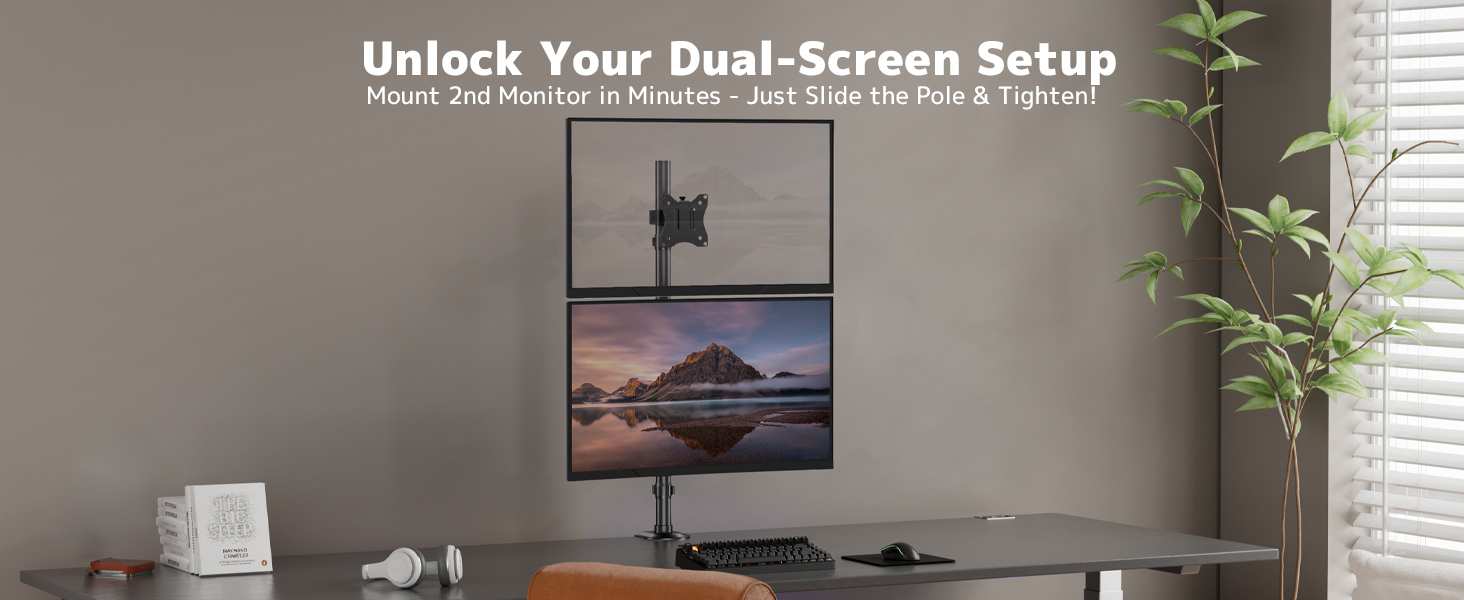 Unlock Your Dual-Screen Setup Mount 2nd Monitor in Minutes -Just Slide the Pole & Tighten!