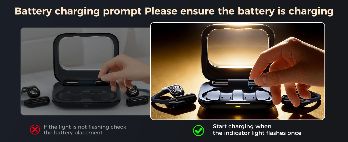 Text reads 'Battery charging prompt Please ensure the battery is charging'. Multiple dark images showing device charging interface or indicator lights in sequence.
