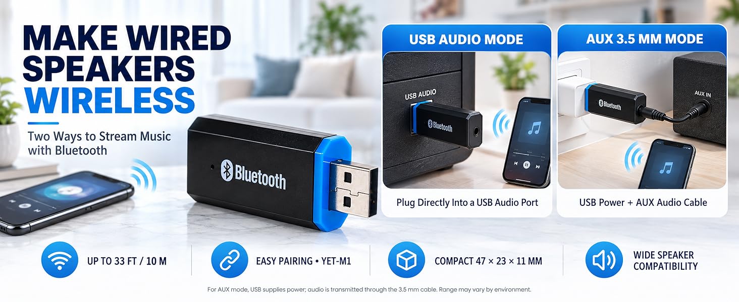 Bluetooth USB audio receiver for wired speakers with USB audio and 3.5mm AUX modes