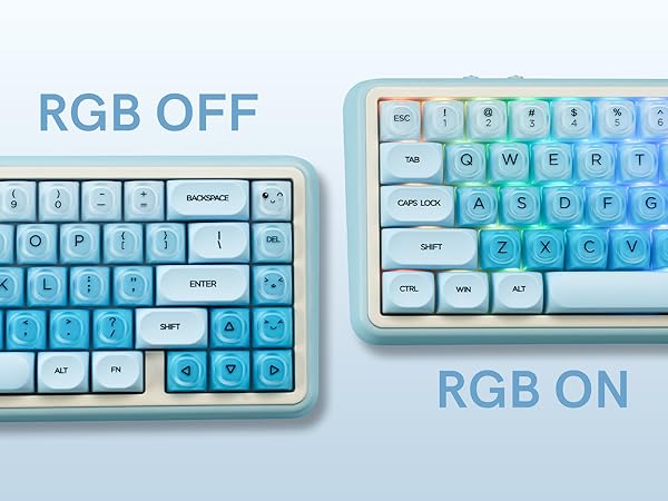 RGB off (showing a simple blue look) and RGB on (emitting colorful lights through the keycaps)