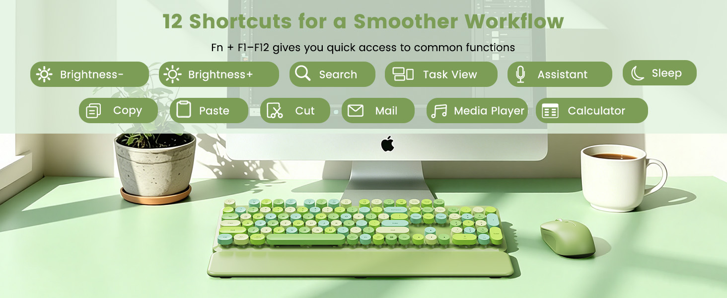 Green retro keyboard and mouse with 12 shortcut keys for smoother workflow.