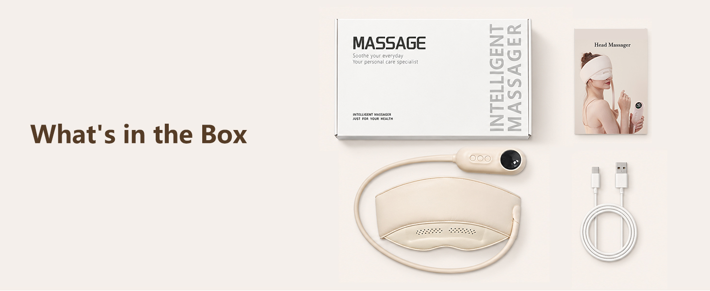 Head massager package includes device, USB cable, manual, storage bag and gift box