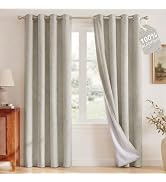 NICETOWN 100% Blackout Linen Beige Curtains 84 inches Long for Living Room, White Liner Composite...