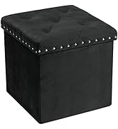 PINPLUS Black Folding Storage Ottoman Cube, Small Velvet Tuffed Foot Rest Stool with Rivet Design...