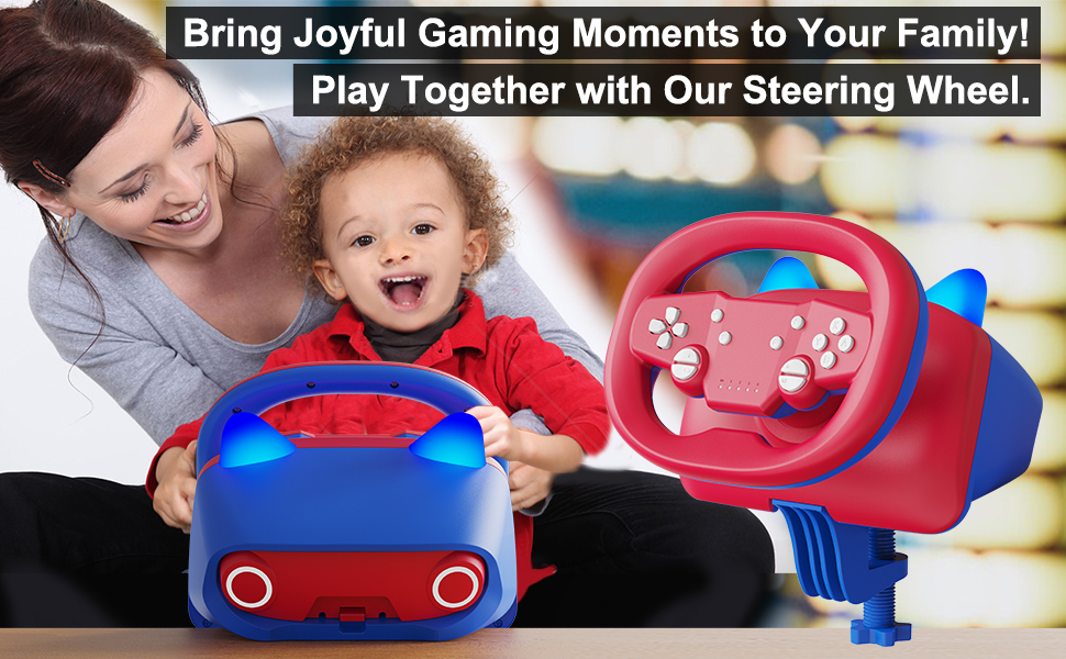 Toy steering wheel for children, featuring a red and blue plastic design with buttons. An adult and child are shown playing with the toy.