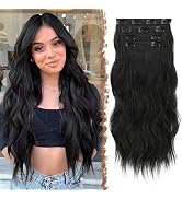 FESHFEN Clip in Hair Extensions - 4 PCS Long Wavy Thick Clip in Hairpieces Full Head Soft Synthet...