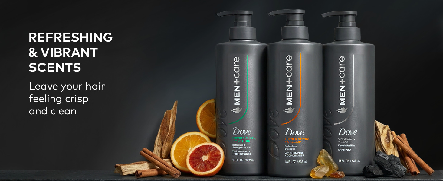 Dove Men Care shampoo bottles set. with orange slices, wood, and cinnamon, vibrant scents.