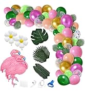 Hawaiian Luau Tropical Balloon Arch Kit Pink Flamingo,Dark Green Palm Leaves Party Supplies for P...