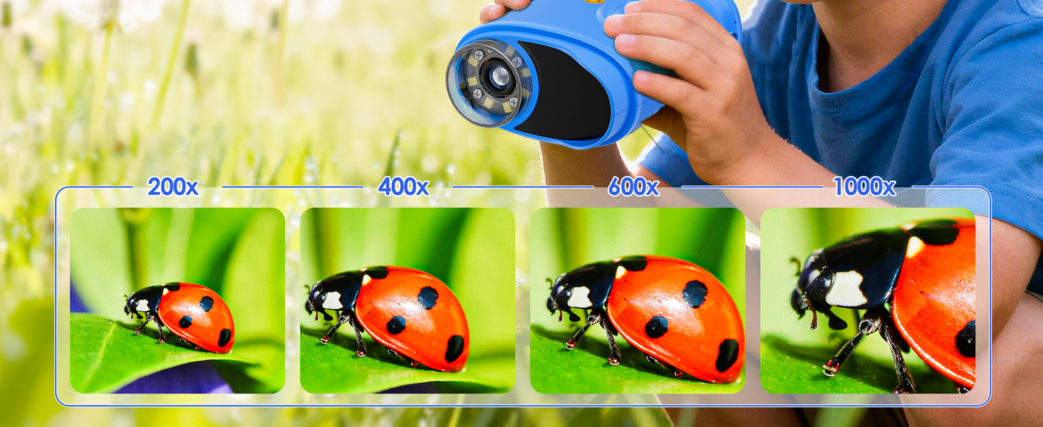 Text shows '200x 400x 800x 1000x'. Series of images showing increasing magnification of ladybug on leaf through microscope or camera lens, demonstrating zoom capability.