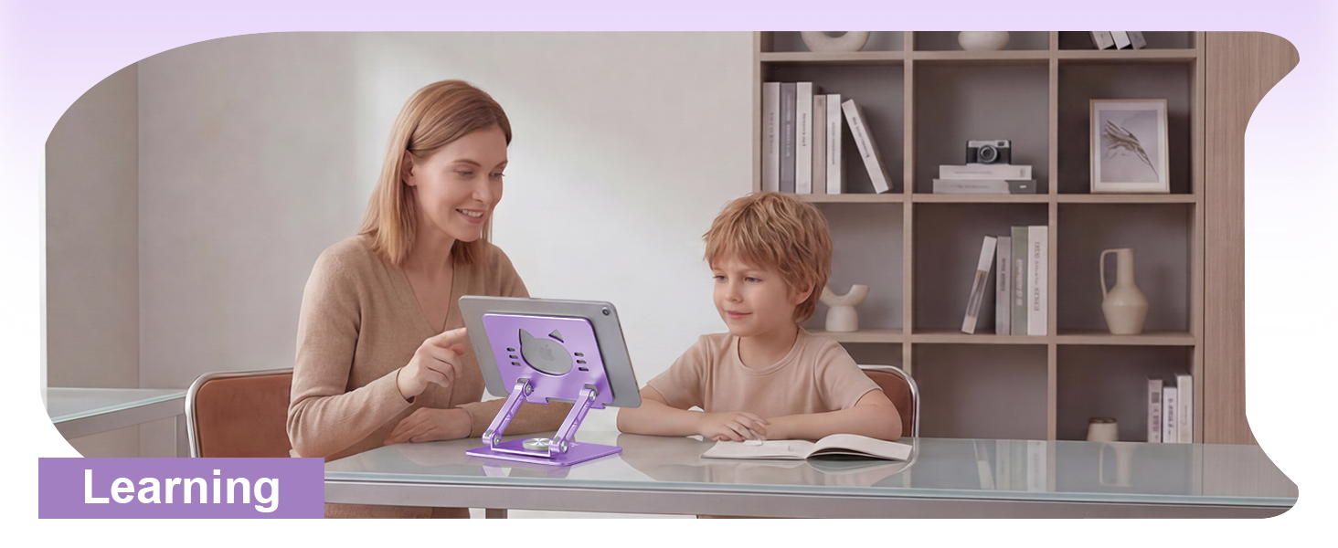 Parent and child using adjustable tablet stand for learning, studying homework, video lessons