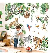 decalmile XXL Safari Animals Wall Stickers Jungle Tigers Lions Tropical Hanging Vine Leaves Wall ...