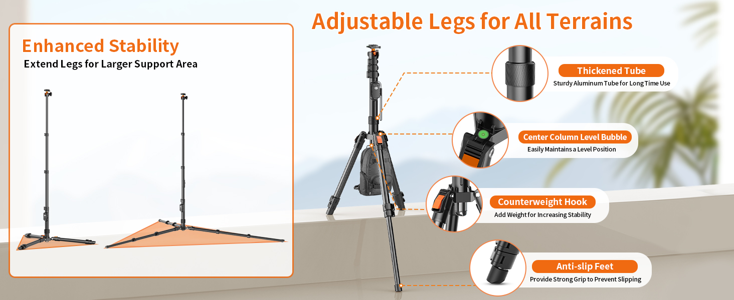 Adjustable Legs for All Terrains/Extend Legs for Larger Support Area