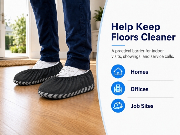 Black shoe covers on indoor floor for homes, offices, and job sites