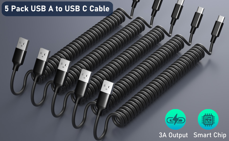 coiled usb A to usb c cable 3a fast charging