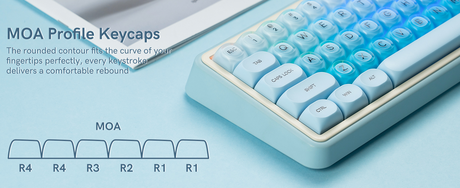 MOA profile keycaps. The rounded contour of these keycaps fits the curve of your fingertips