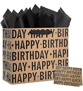 Yusenguan 13" Kraft Birthday Gift Bag with Tissue Paper and Greeting Card, Black Happy Birthday L...