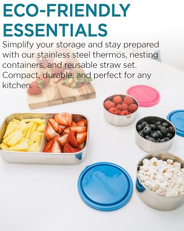 UKonserve Stainless Steel Nesting Containers and Divided Container on Table with Food