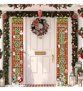 Christmas Front Door Banners, Christmas Welcome Porch Sign Hanging Banner Flag, Red Green Plaid S...