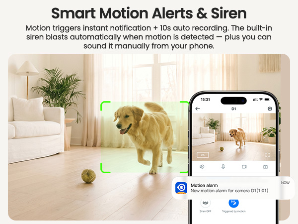 The indoor camera detetcs movement to record and send an instant notification