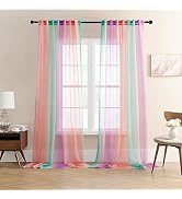 XiDi Ombre Sheer Curtain Panel Set,Pink Green and Purple Semi Transparent Voile Drapes Short Shee...