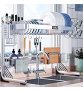 VNKZI Over Sink Dish Drying Rack, 2 Tier Full Stainless Steel Storage Adjustable Length (25.98''~...