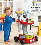 Toy cleaning set including broom, mop, dustpan, and brush on white background.
