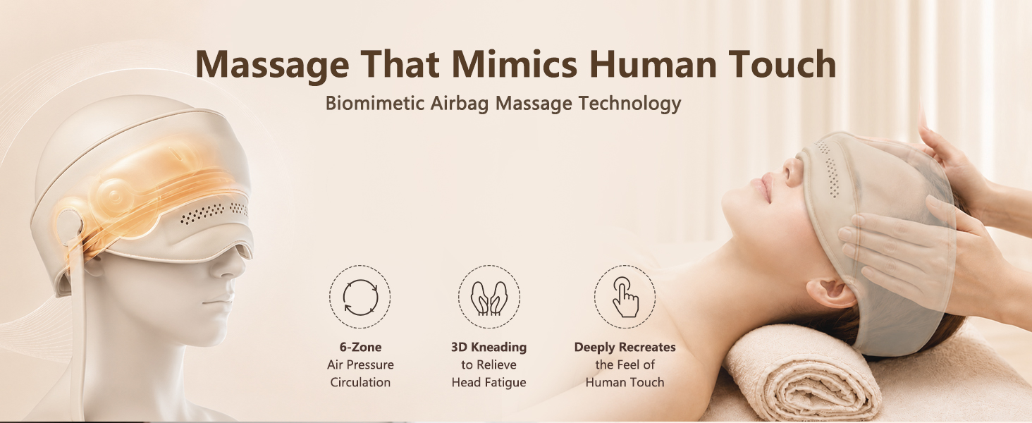 Air pressure head massage mimics human touch for soothing scalp and temple care