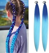 Blue Braiding Hair Extension for Braids Ombre Synthetic Braid Ponytail Extensions with Elastic Ti...