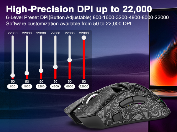 Wireless mouse with 6-level DPI up to 22000 for seamless switching from work to gaming.