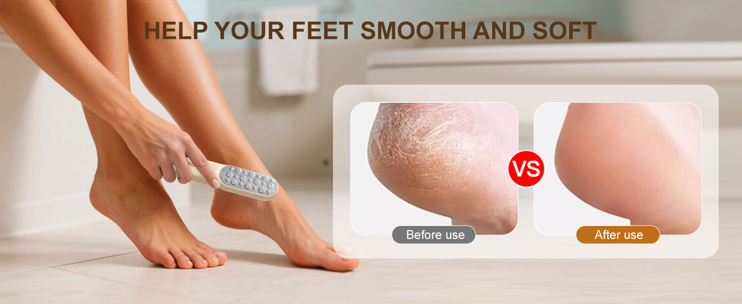 Foot brush: Person uses it on foot. Before (dry skin) vs after (soft skin) shown.