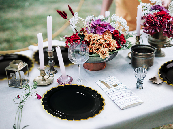 black and gold foil scalloped paper plates disposable dinner plates dessert wedding birthday plates