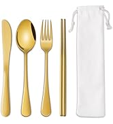 DEHOV Gold Travel Utensils Set With Pouch,Outdoor Camping Silverware Set For Picnic Gadgets,Set O...